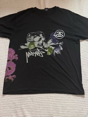 Stussy Black T-Shirt with Purple & Green Graphic